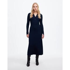 Madewell Women's Ribbed Long-Sleeve Midi Dress Navy and White Tipping SZ XS NWT